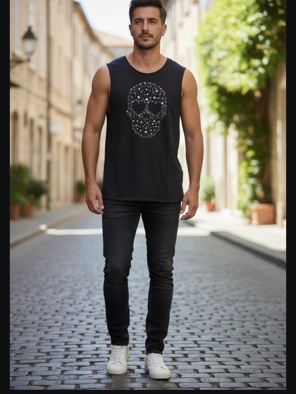 Mens Chaser Muscle Tank Starry Skull. Stars Actually Sparkle. Heart Shaped Eyes.